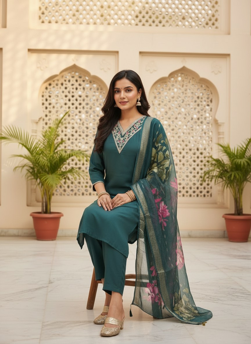 Teal Green Roman Silk V-Neck Suit Set with Floral Dupatta - DR-503 - view 5