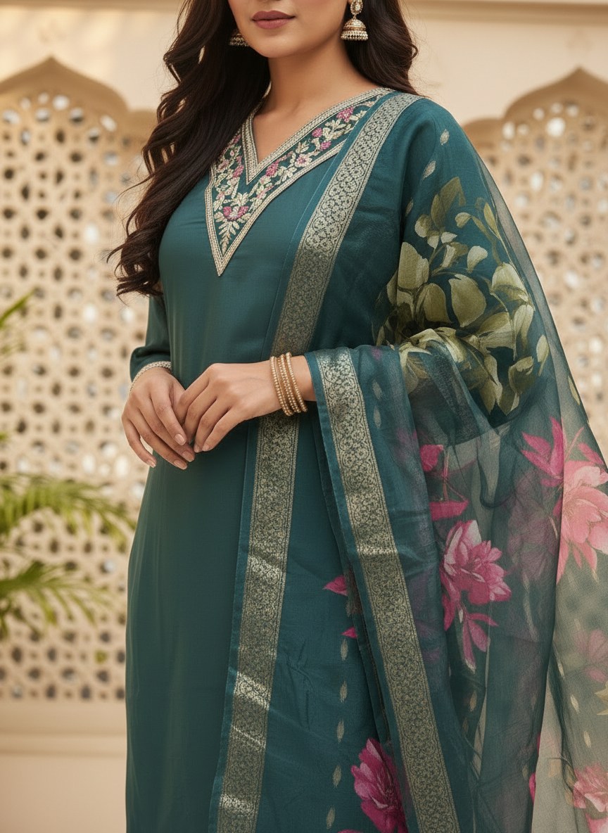 Teal Green Roman Silk V-Neck Suit Set with Floral Dupatta - DR-503 - view 6