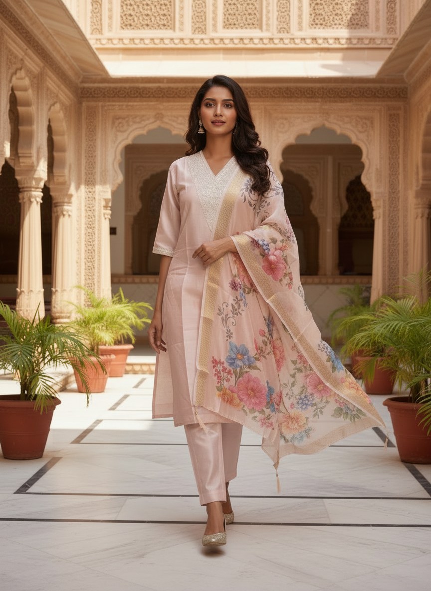 Blush Pink Roman Silk Suit Set with Floral Dupatta - DR-504 - view 1