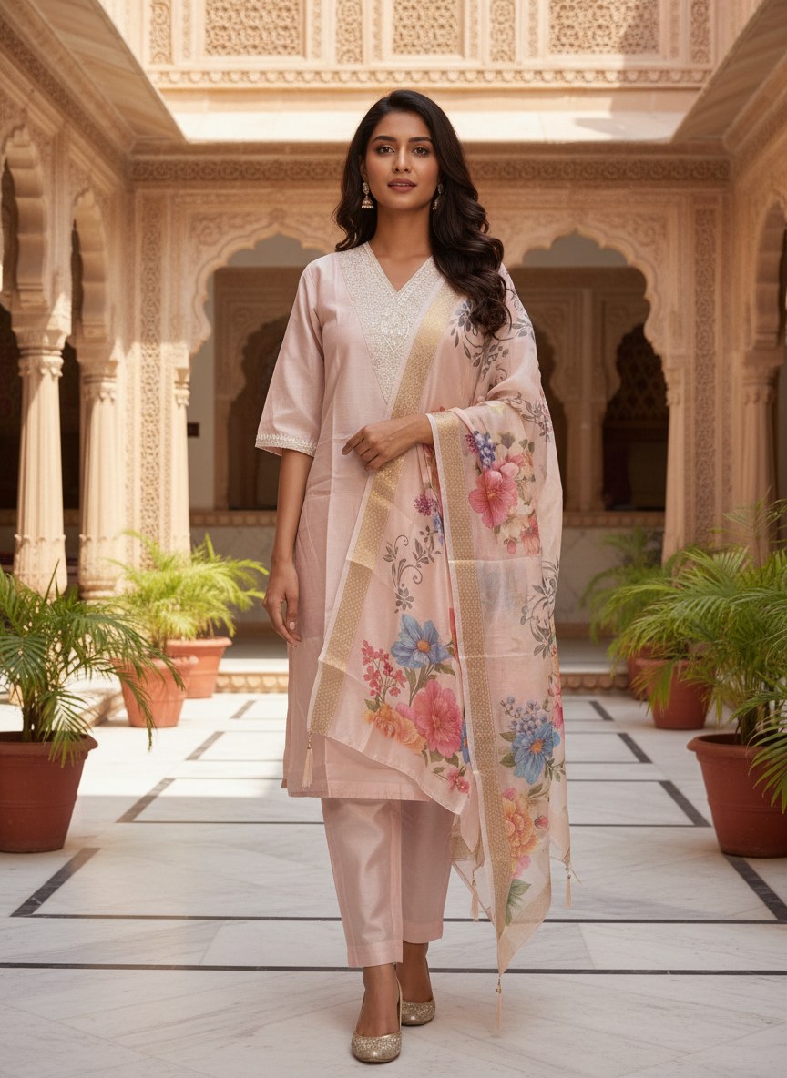 Blush Pink Roman Silk Suit Set with Floral Dupatta - DR-504 - view 2