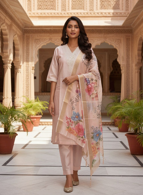 Blush Pink Roman Silk Suit Set with Floral Dupatta - DR-504 - view 2