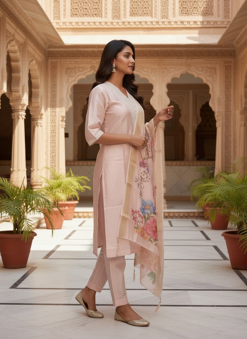 Blush Pink Roman Silk Suit Set with Floral Dupatta - DR-504 - view 3