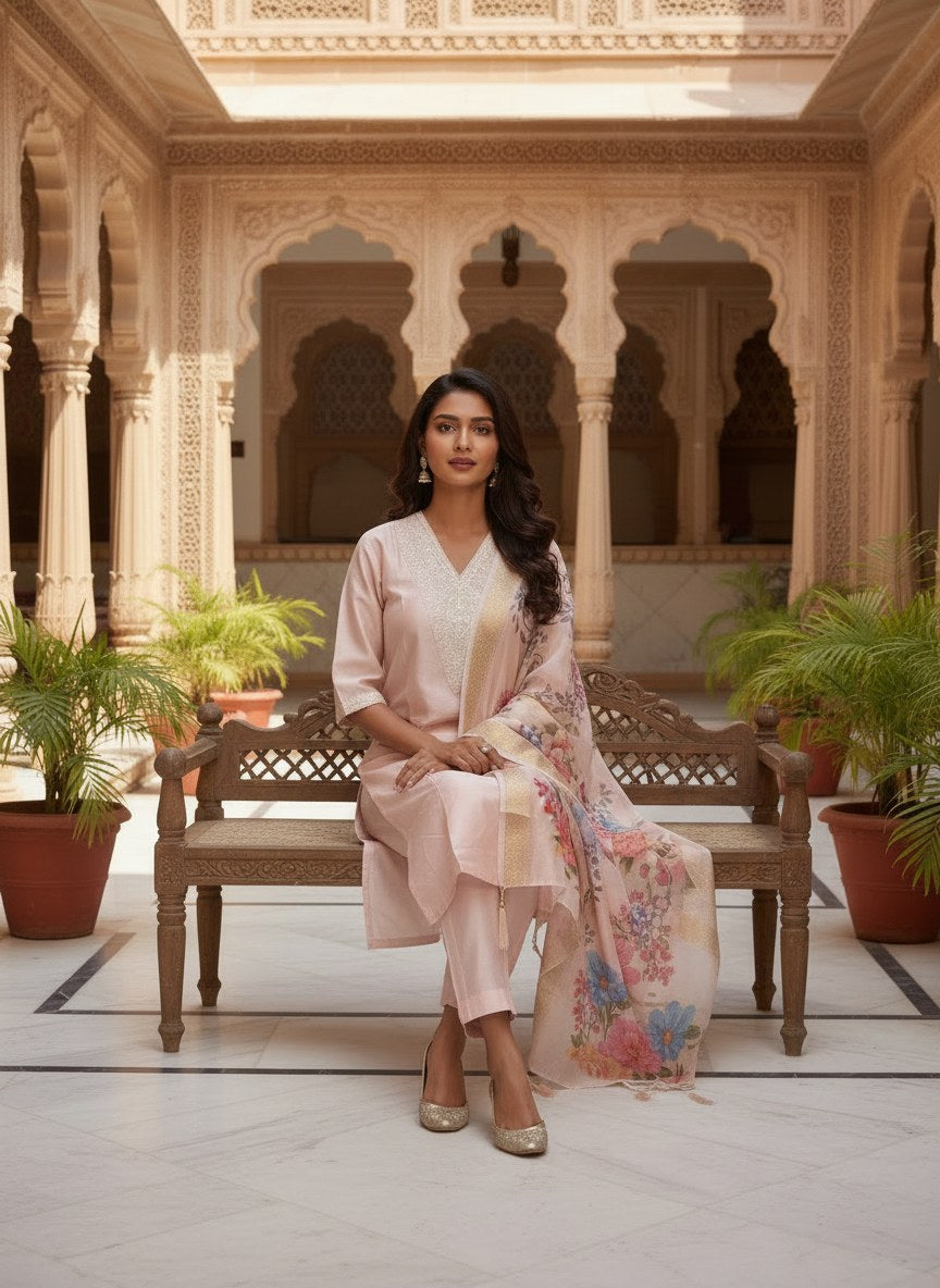 Blush Pink Roman Silk Suit Set with Floral Dupatta - DR-504 - view 4