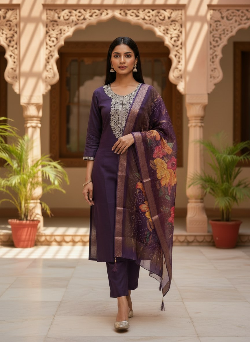 Deep Purple Roman Silk Embroidered Suit Set - DR-505 - view 1