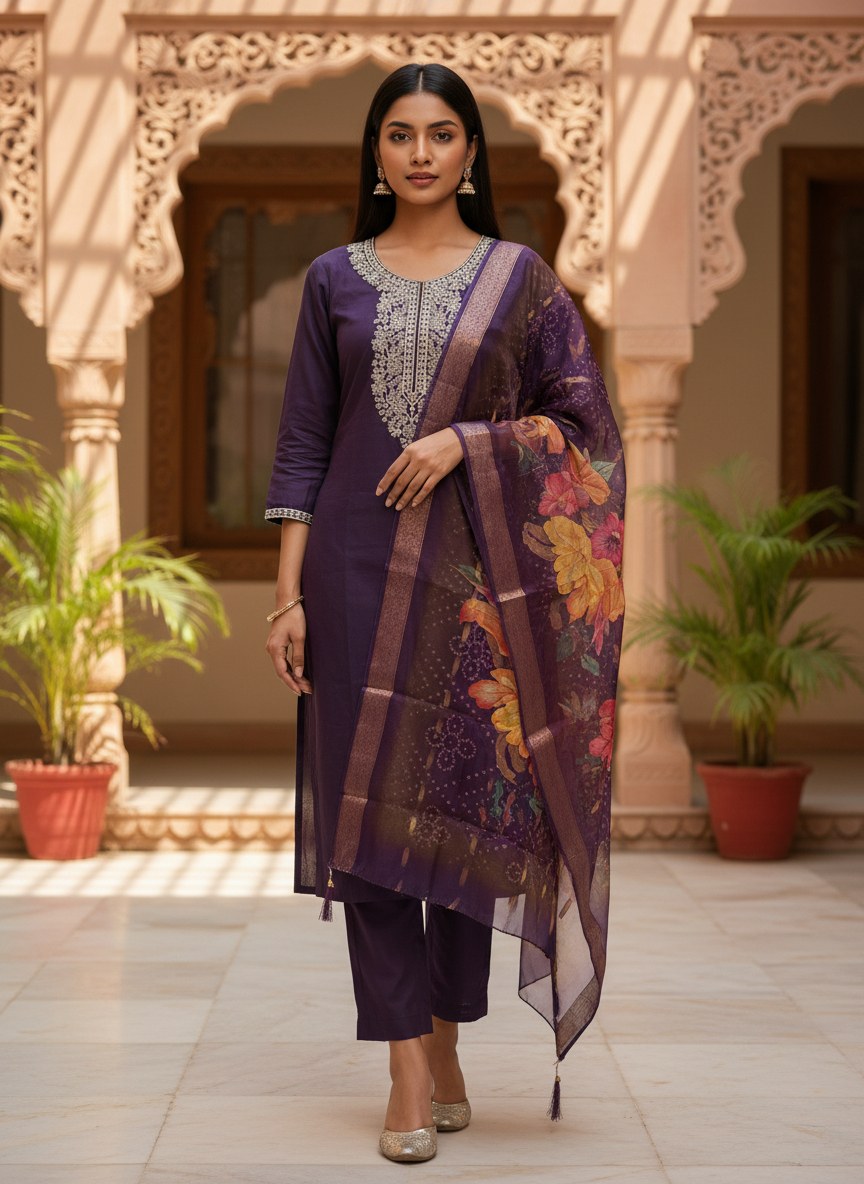 Deep Purple Roman Silk Embroidered Suit Set - DR-505 - view 2