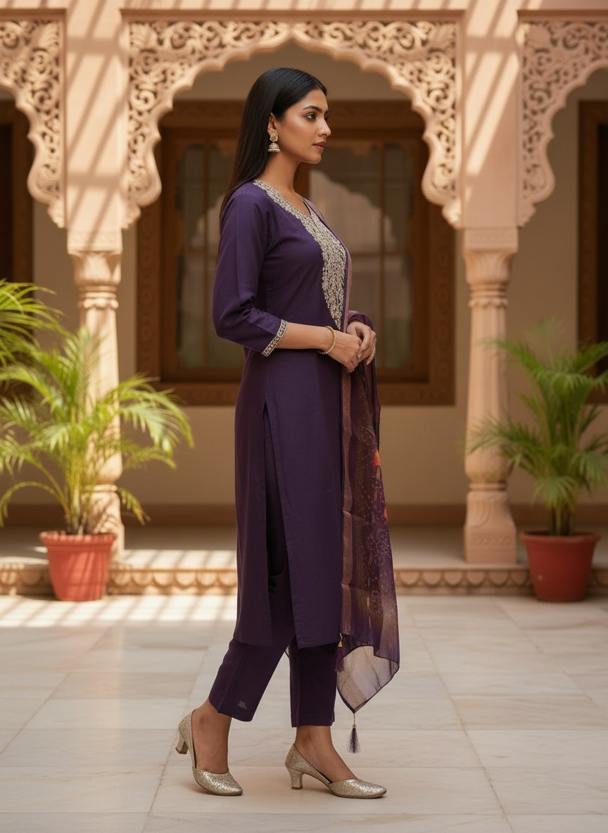 Deep Purple Roman Silk Embroidered Suit Set - DR-505 - view 3
