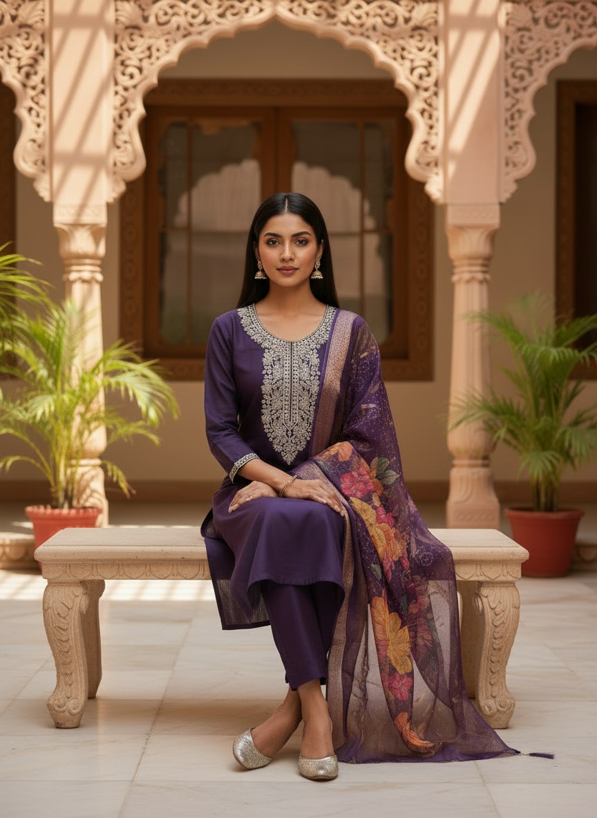 Deep Purple Roman Silk Embroidered Suit Set - DR-505 - view 4