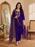 Royal Purple Roman Silk Suit Set with Woven Dupatta - DR-506 - view 1