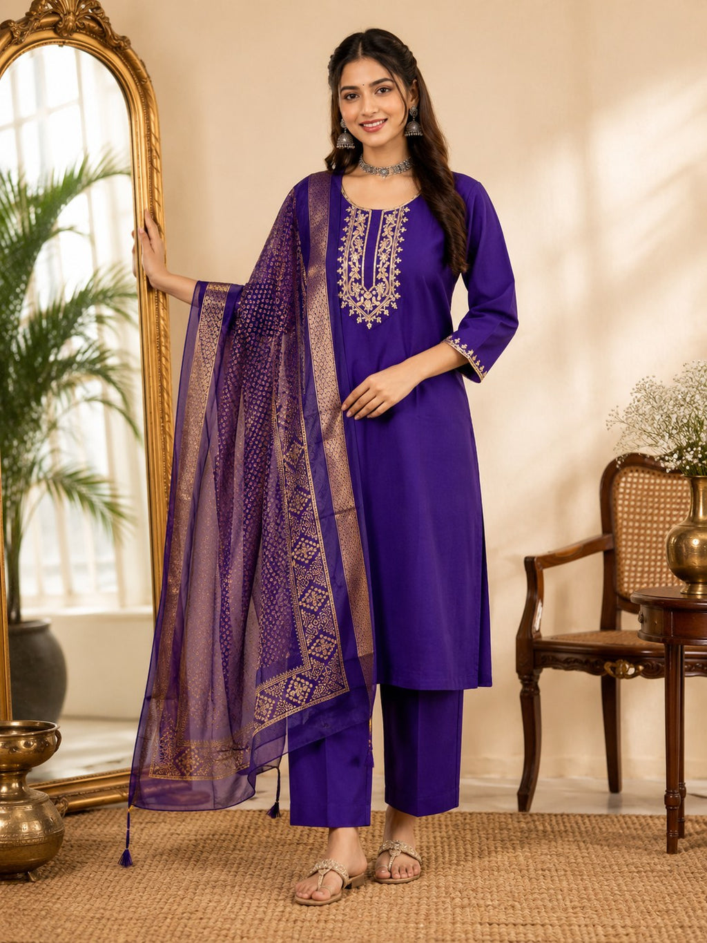 Royal Purple Roman Silk Suit Set with Woven Dupatta - DR-506 - view 2
