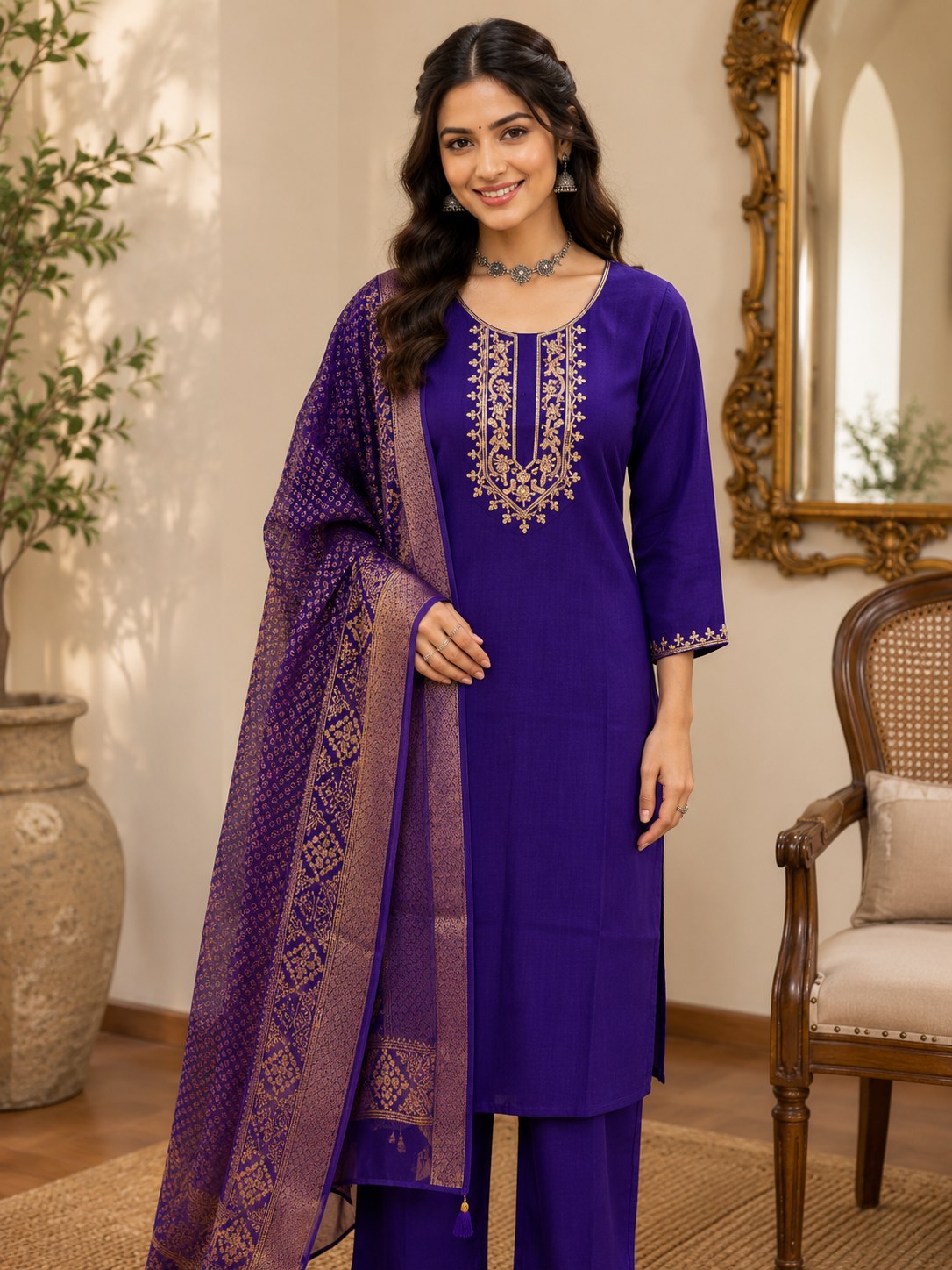 Royal Purple Roman Silk Suit Set with Woven Dupatta - DR-506 - view 3