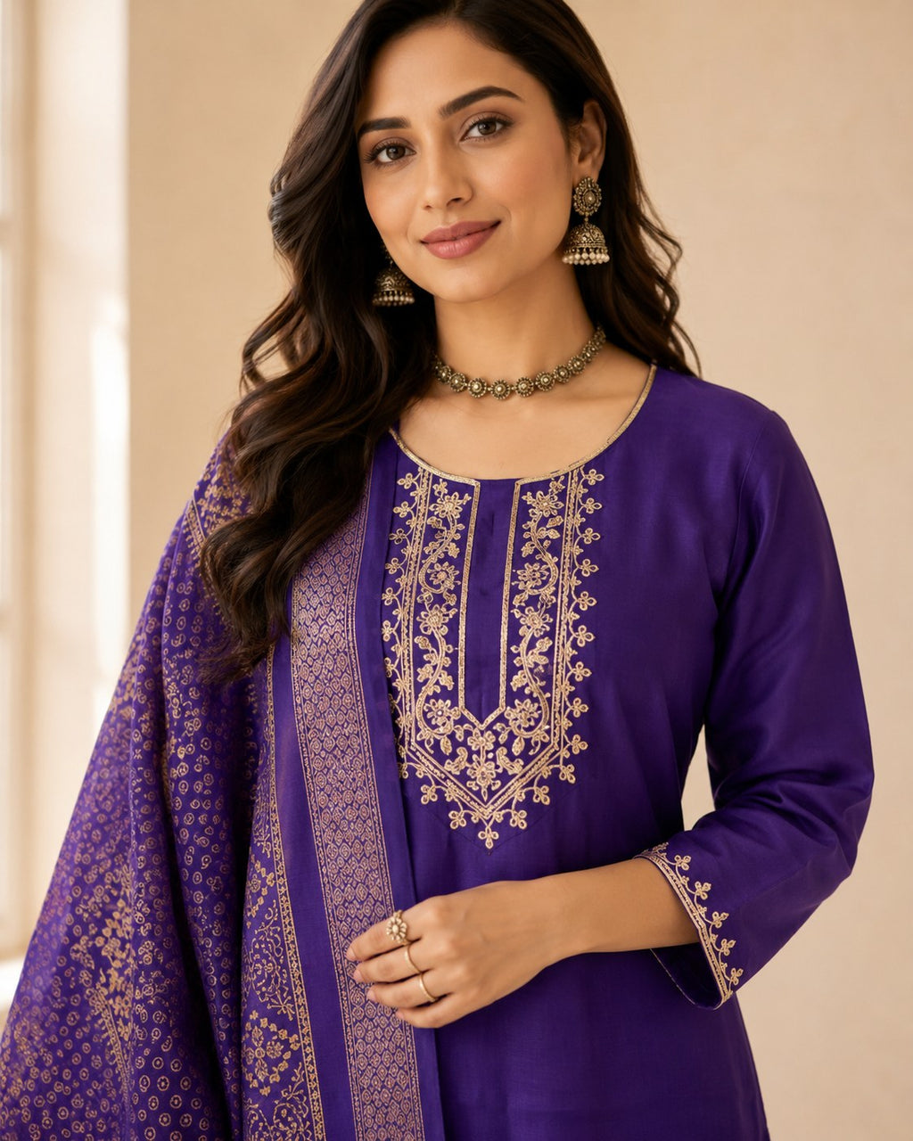 Royal Purple Roman Silk Suit Set with Woven Dupatta - DR-506 - view 4
