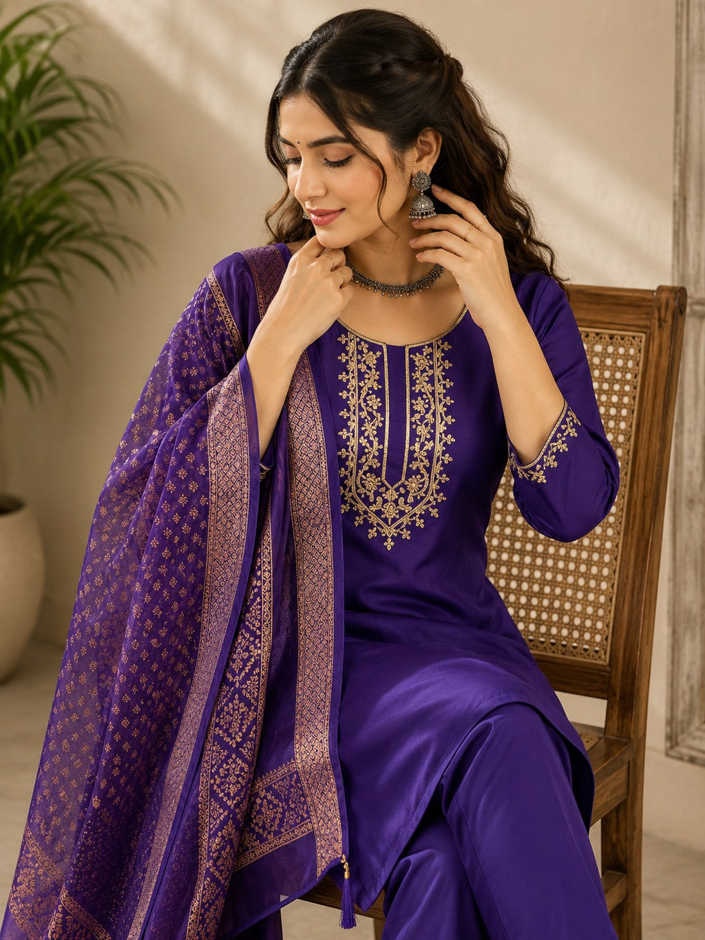 Royal Purple Roman Silk Suit Set with Woven Dupatta - DR-506 - view 5