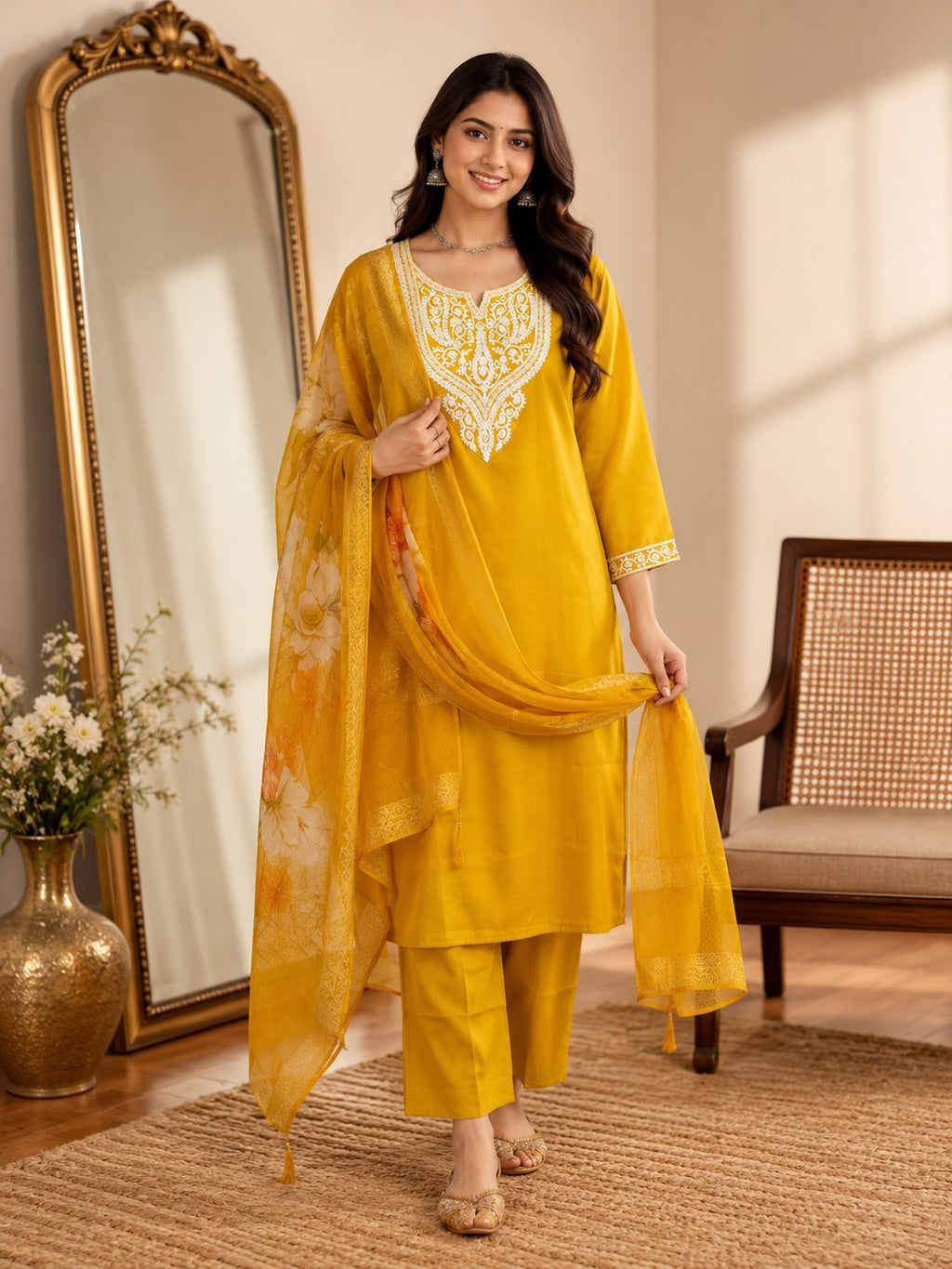 Mustard Yellow Roman Silk Embroidered Suit Set - DR-507 - view 1