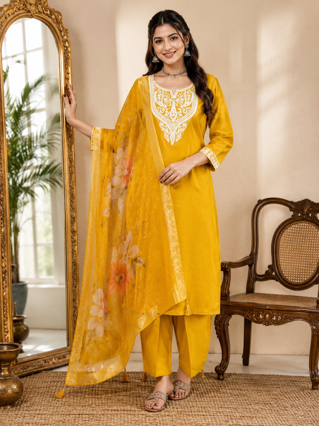 Mustard Yellow Roman Silk Embroidered Suit Set - DR-507 - view 2