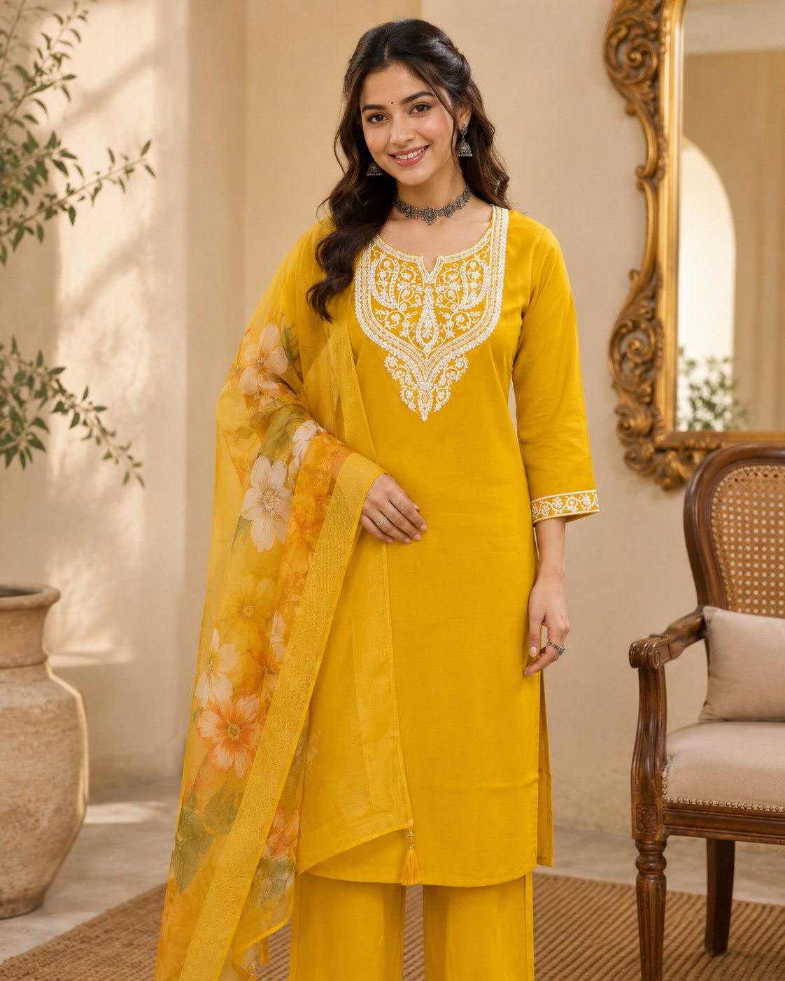 Mustard Yellow Roman Silk Embroidered Suit Set - DR-507 - view 3