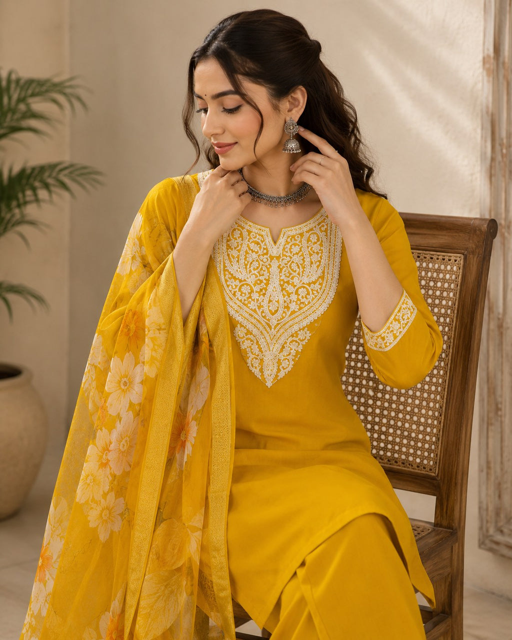 Mustard Yellow Roman Silk Embroidered Suit Set - DR-507 - view 5