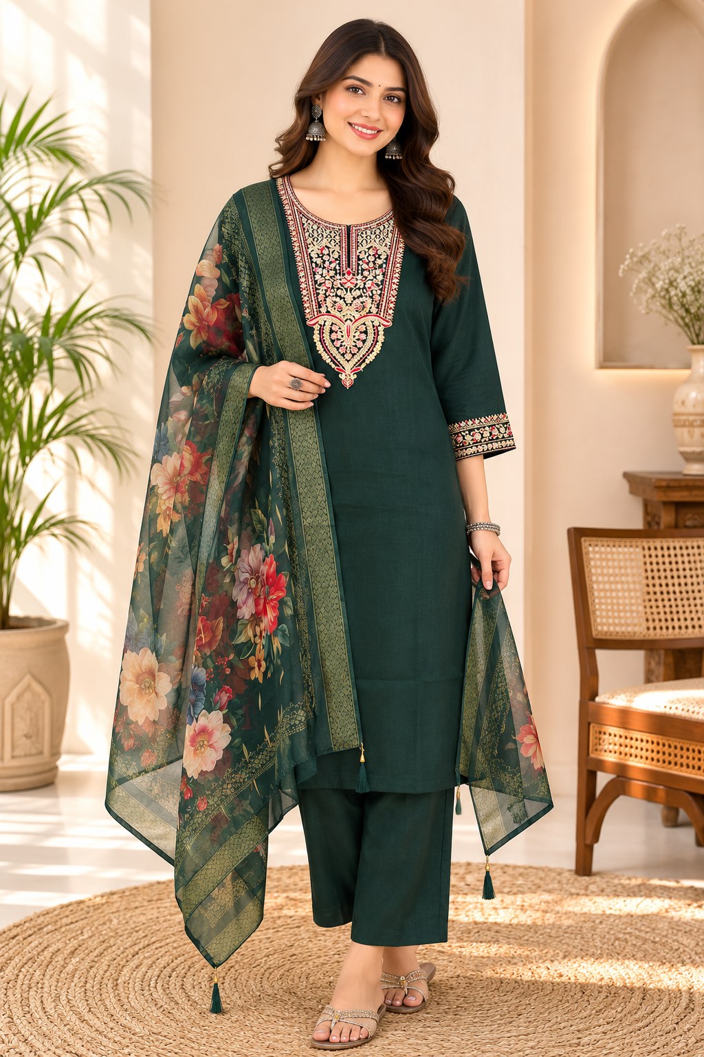 Bottle Green Roman Silk Embroidered Suit Set - DR-508 - view 1
