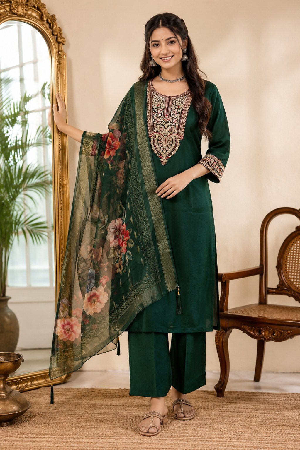 Bottle Green Roman Silk Embroidered Suit Set - DR-508 - view 2