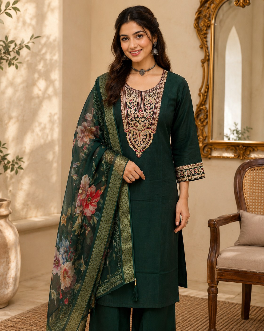 Bottle Green Roman Silk Embroidered Suit Set - DR-508 - view 3