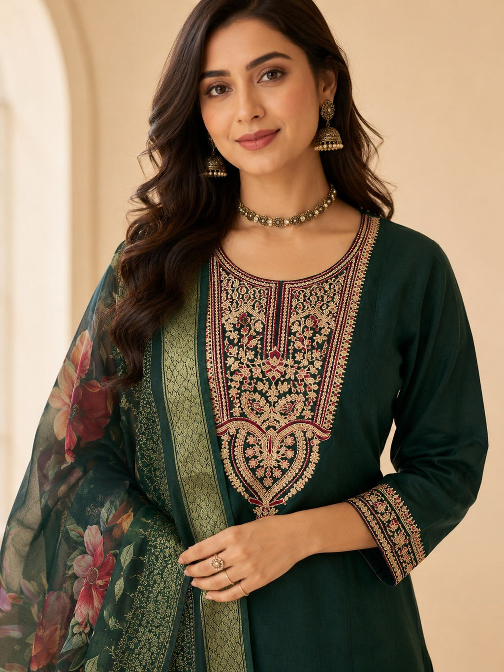 Bottle Green Roman Silk Embroidered Suit Set - DR-508 - view 4