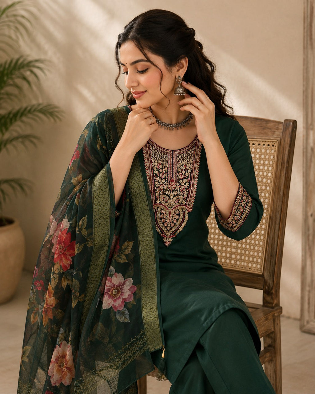 Bottle Green Roman Silk Embroidered Suit Set - DR-508 - view 5