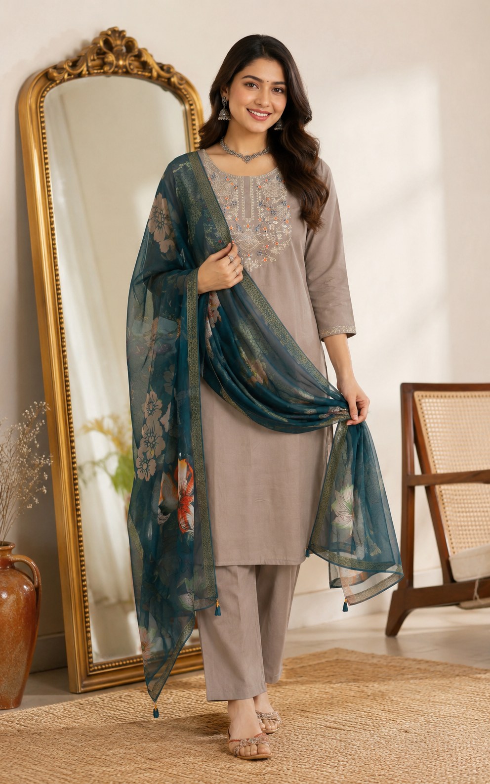 Grey Roman Silk Embroidered Suit Set with Teal Floral Dupatta - DR-509 - view 1