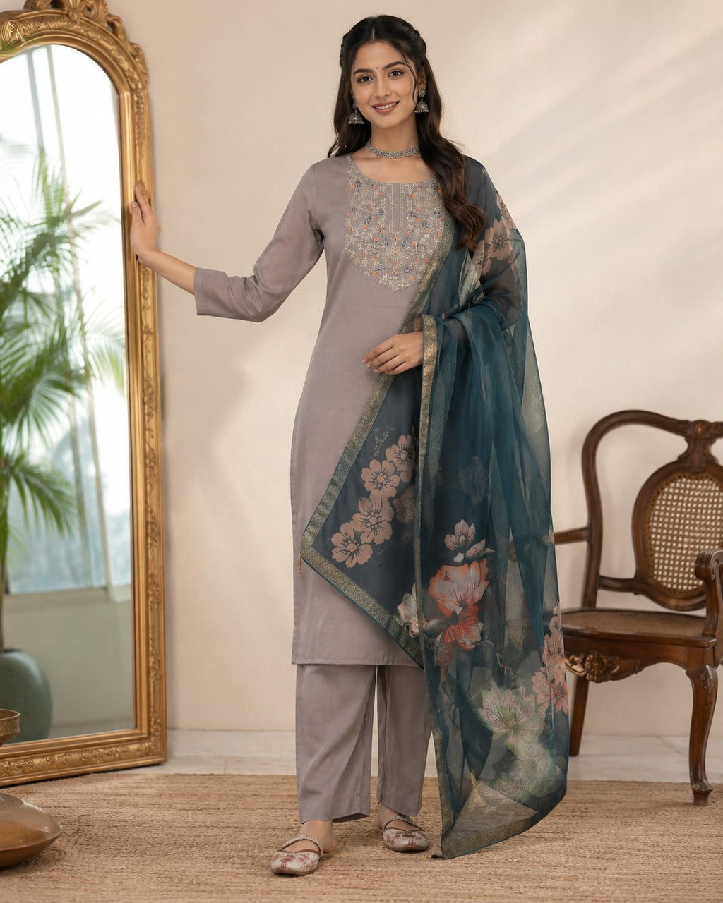 Grey Roman Silk Embroidered Suit Set with Teal Floral Dupatta - DR-509 - view 2