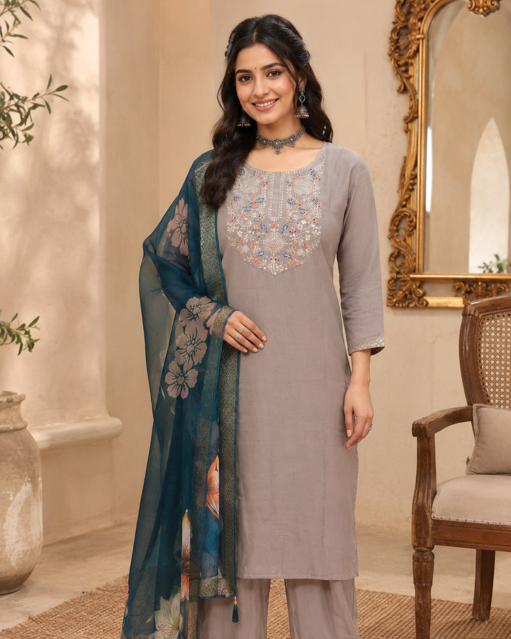 Grey Roman Silk Embroidered Suit Set with Teal Floral Dupatta - DR-509 - view 3