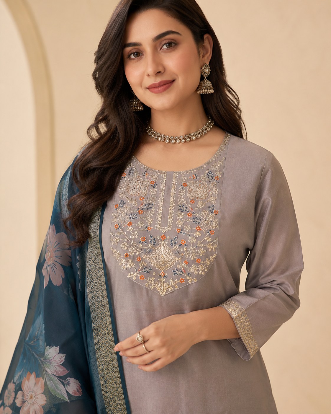 Grey Roman Silk Embroidered Suit Set with Teal Floral Dupatta - DR-509 - view 4