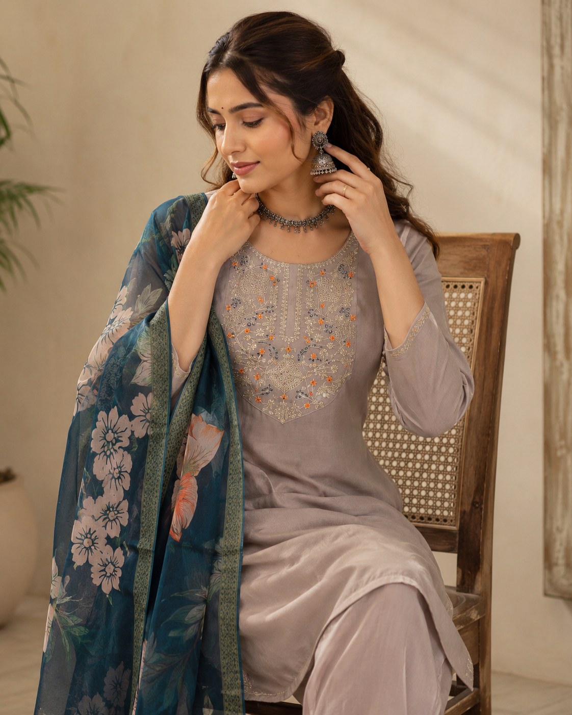 Grey Roman Silk Embroidered Suit Set with Teal Floral Dupatta - DR-509 - view 5