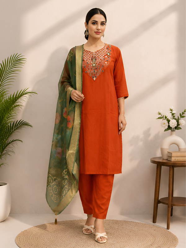 Rust Orange Roman Silk Suit Set with Green Floral Dupatta - DR-510 - view 1