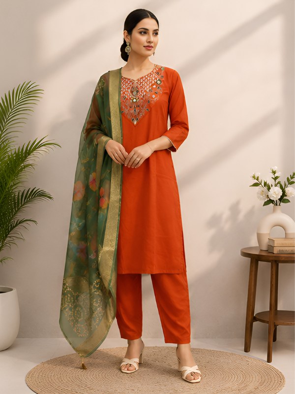 Rust Orange Roman Silk Suit Set with Green Floral Dupatta - DR-510 - view 2