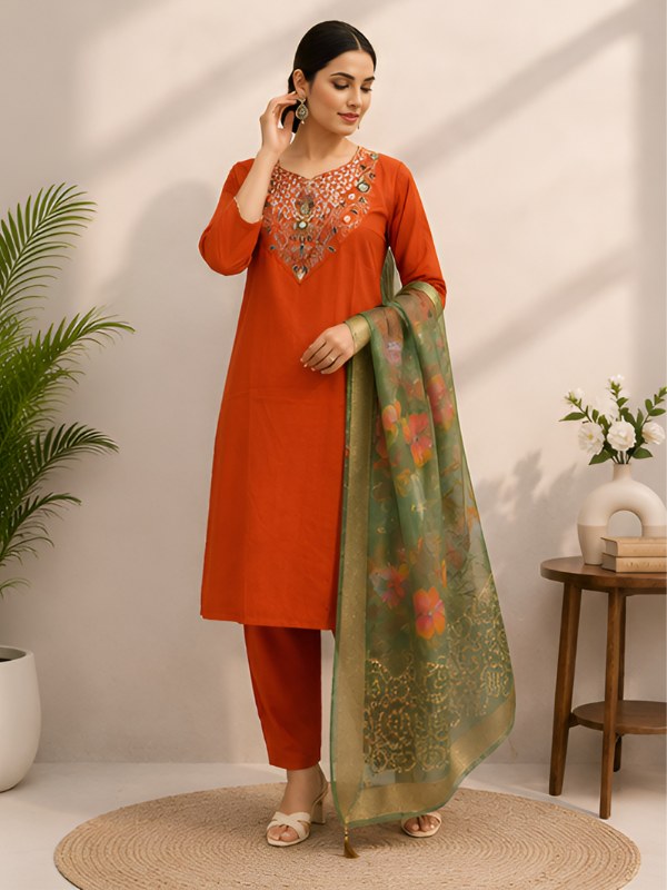 Rust Orange Roman Silk Suit Set with Green Floral Dupatta - DR-510 - view 3