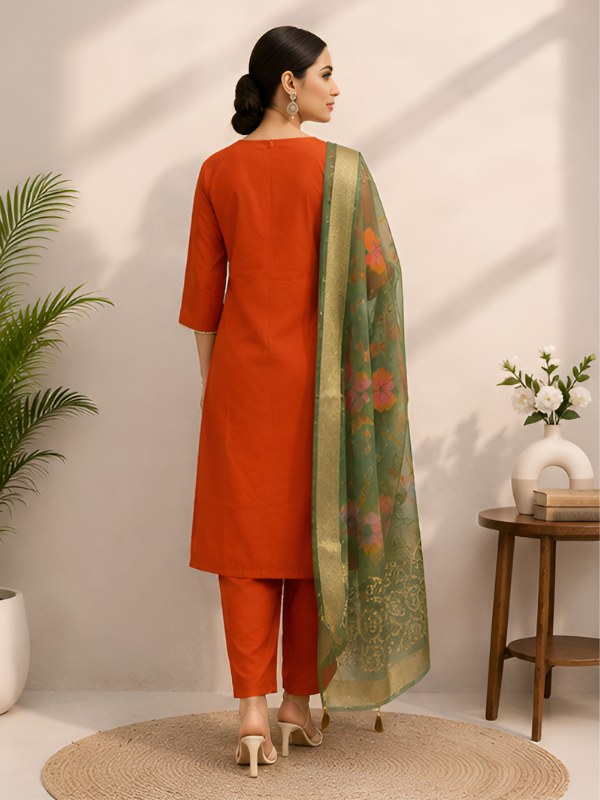 Rust Orange Roman Silk Suit Set with Green Floral Dupatta - DR-510 - view 4