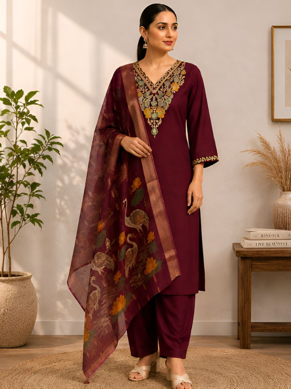 Wine Roman Silk V-Neck Embroidered Suit Set - DR-511 - view 1