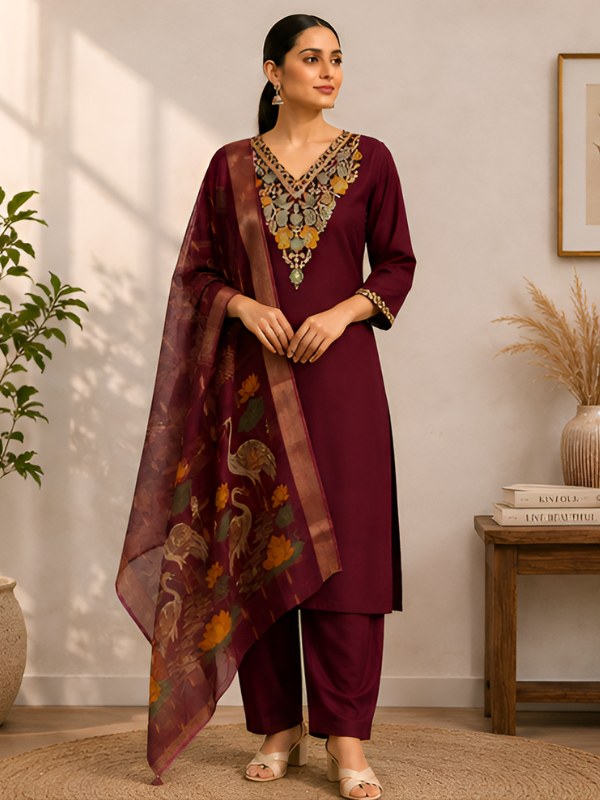 Wine Roman Silk V-Neck Embroidered Suit Set - DR-511 - view 2
