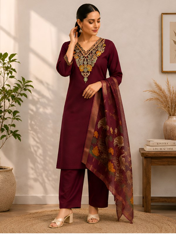 Wine Roman Silk V-Neck Embroidered Suit Set - DR-511 - view 3