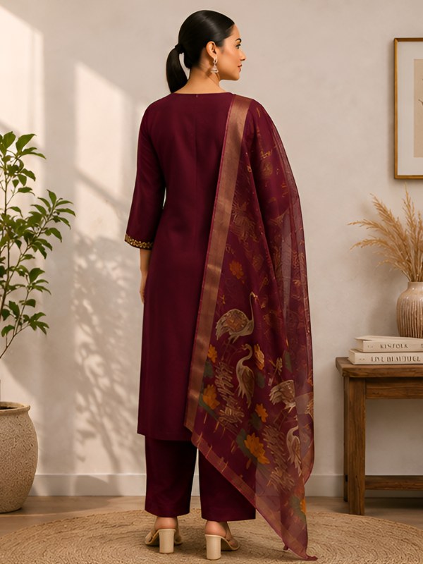 Wine Roman Silk V-Neck Embroidered Suit Set - DR-511 - view 4