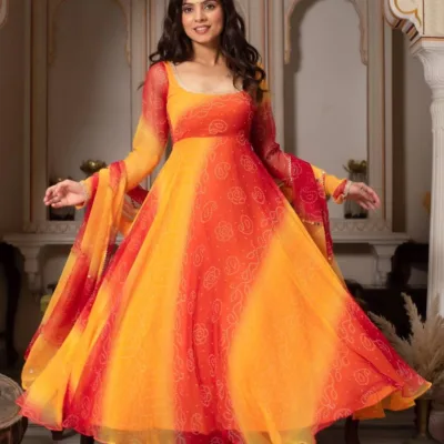 Orange Digital Print Anarkali Suit for Women | Heavy Flair