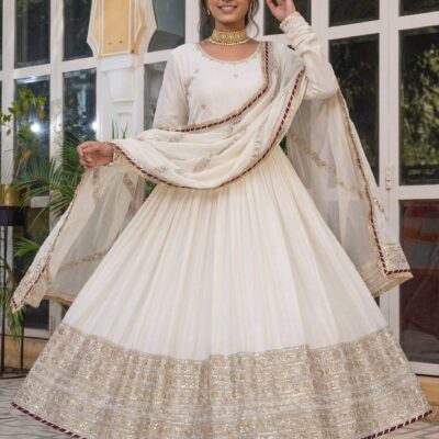 Ivory Embroidered Anarkali Gown for Women | Chinon Silk