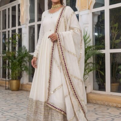 Ivory Embroidered Anarkali Gown for Women | Chinon Silk