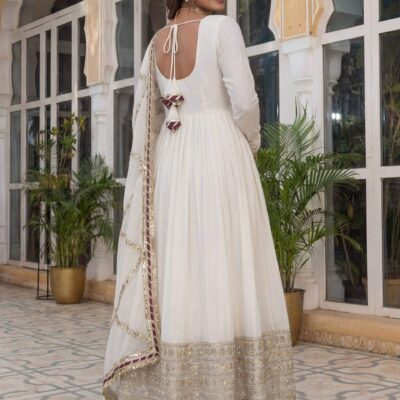 Ivory Embroidered Anarkali Gown for Women | Chinon Silk