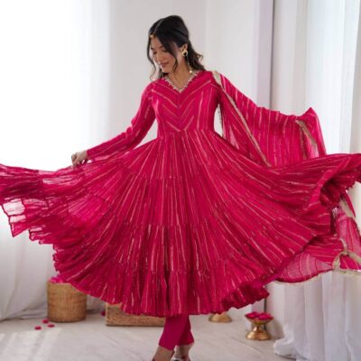 Pink Ruffle Bloom Designer Anarkali Gown for Women with Dupatta