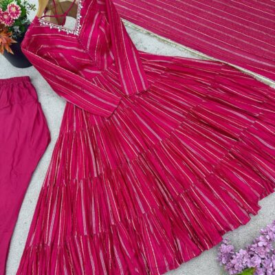 Pink Ruffle Bloom Designer Anarkali Gown for Women with Dupatta