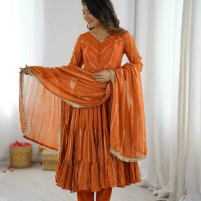 Orange Designer Anarkali Gown for Women | Ruffle Mirror Work