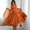 Orange Designer Anarkali Gown for Women | Ruffle Mirror Work