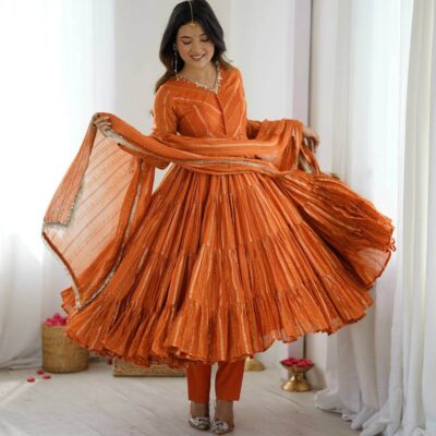 Orange Designer Anarkali Gown for Women | Ruffle Mirror Work