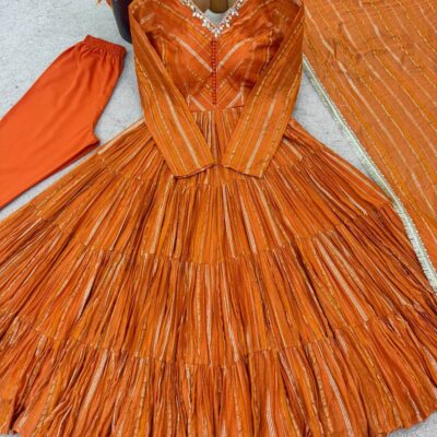 Orange Designer Anarkali Gown for Women | Ruffle Mirror Work
