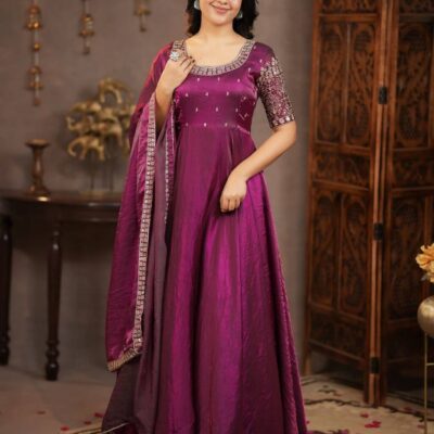 Embroidered Satin Silk Anarkali Gown for Women with Dupatta