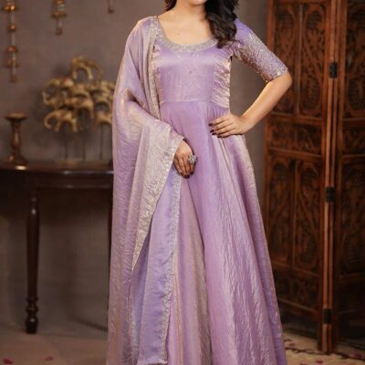 Embroidered Satin Silk Anarkali Gown for Women with Dupatta